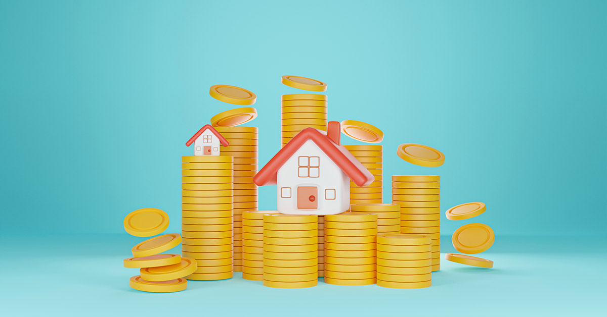 3D-Rendering: auf einem Stapel Münzen steht ein Modell von einem Haus | Checkliste Immobilienfinanzierung
